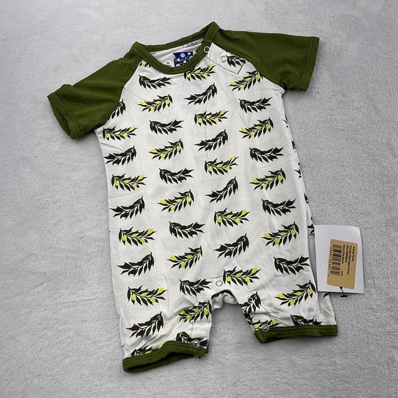 NWT Kickee Pants SS Raglan Romper Natural Olive Branch 3-6 Months‎ - Picture 1 of 5